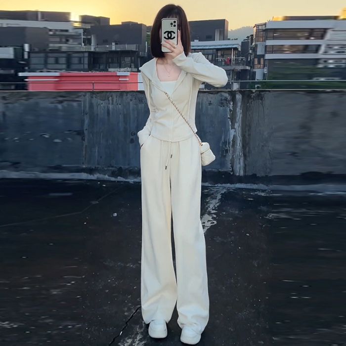 韩版ins时尚休闲运动套装女拉链连帽上衣+直筒裤OOTD盐系女生套装|undefined