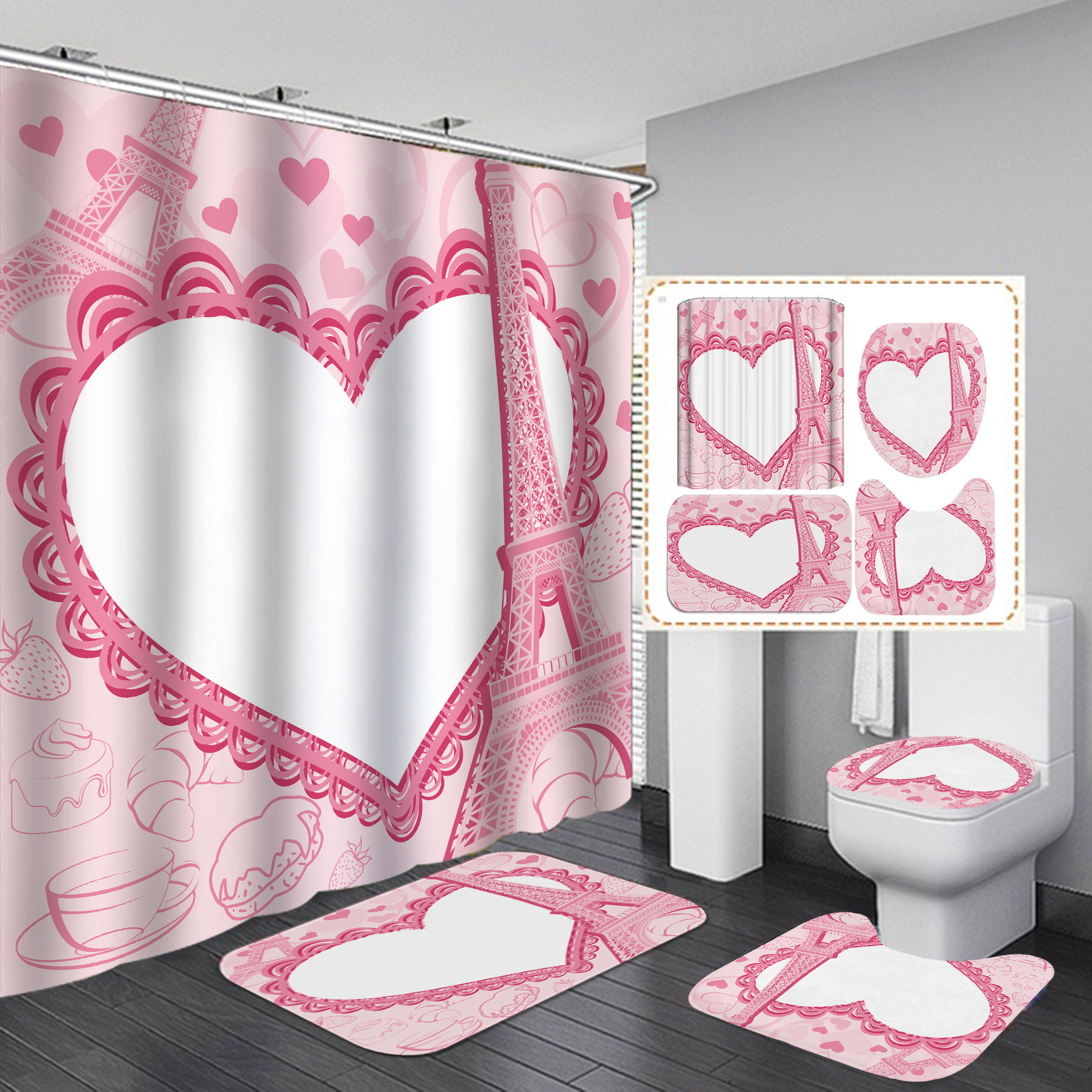 Cortina de baño impermeable y seca rápida, almohadilla de inodoro, baño transfronterizo, conjunto de cuatro piezas, cortina de aislamiento de baño antideslizante impresa en rosa image 25
