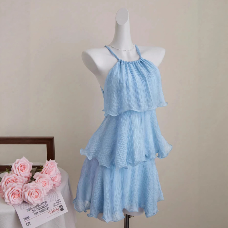 2026 New Solid Color Chiffon Cake Dress Sweet Off-Shoulder Tie-Neck Ruffle Dress 2026 New Solid Color Chiffon Cake Dress Sweet Off-Shoulder Tie-Neck Ruffle Dress