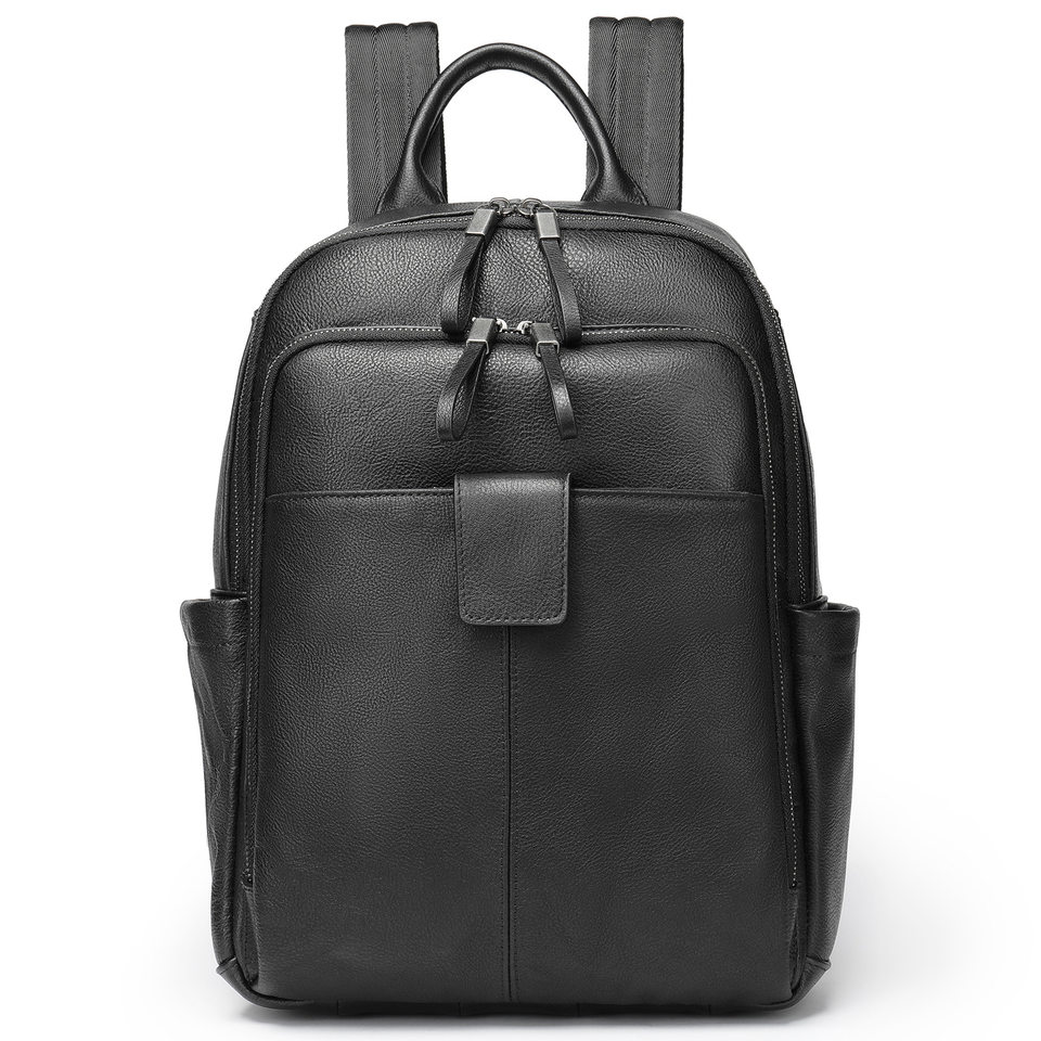 Ba lô da bò thật cho nam phong cách đường phố, đựng vừa laptop 14 inch, dung tích dưới 20L — Màu đen