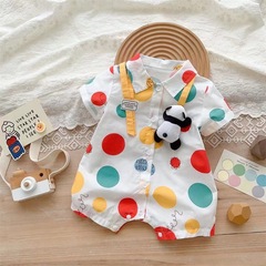 男の子の夏服のワンピースの半袖のシャツの服の赤ちゃんの夏の薄いタイプの波の点の服の満月の百日間の服