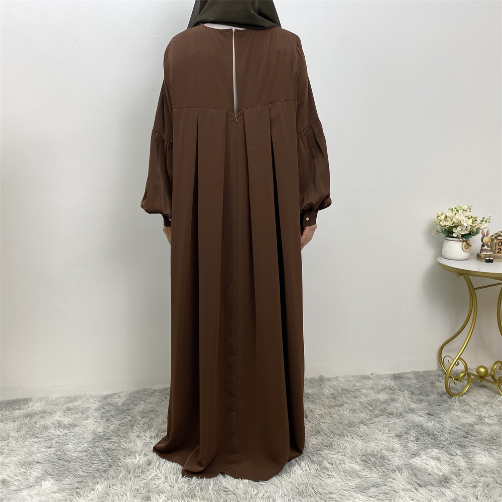 Loose Fitting Sleeved Maxi Dress Stylish Side Pockets Pleated Robe Style Design Women's Clothing_ecoleips.com