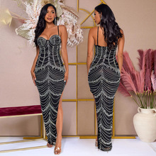 CY901628速卖通亚马逊欧美时尚女装烫钻修身性感包臀开叉连衣裙女