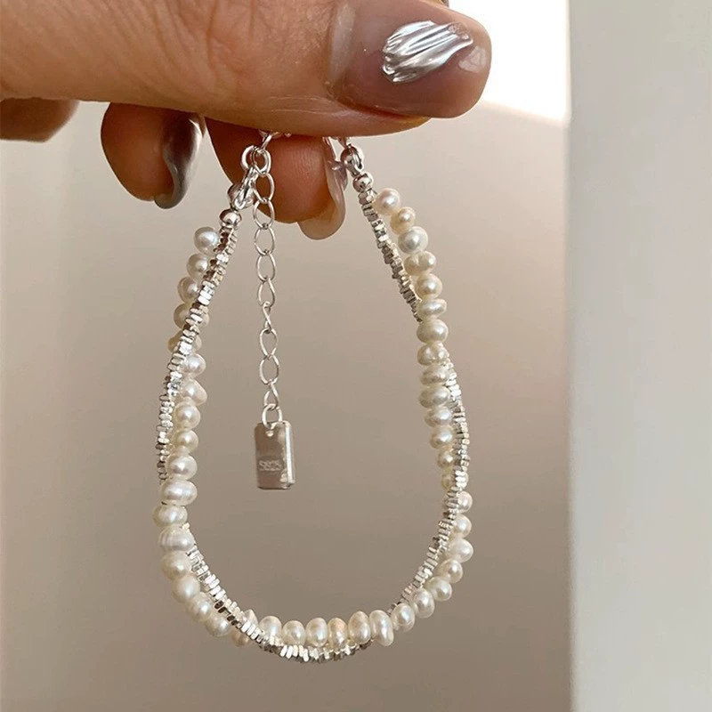 Silver 925 Pearl Bracelet, Minimal Beaded Design, Adjustable 12 cm