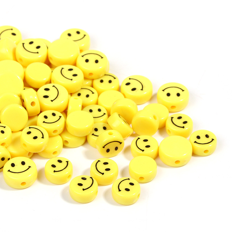 diy串珠亞克力黃色扁圓散珠笑臉表情圓珠手工飾品材料配件批發
