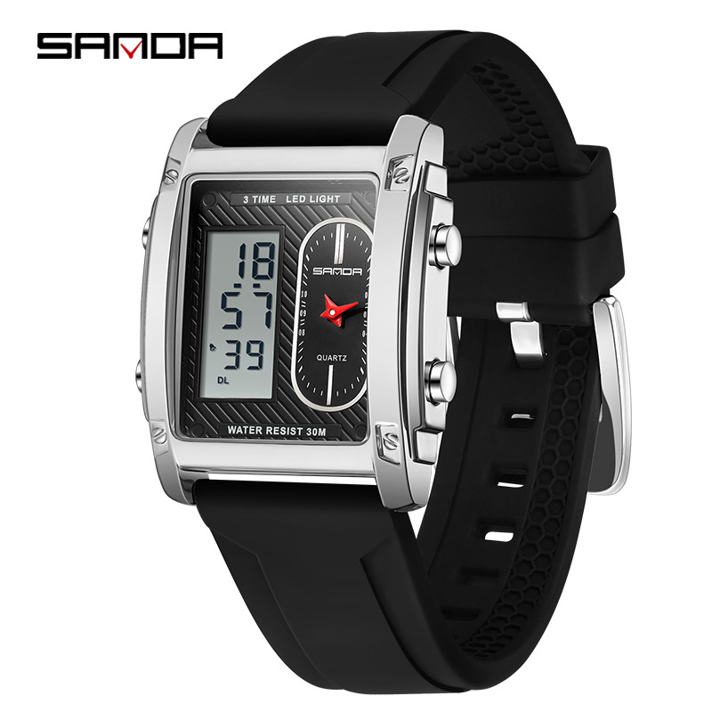 SANDA transfronterizo explosivo cuadrado hombre reloj electrónico de cuarzo impermeable moda multifunción doble pantalla reloj electrónico