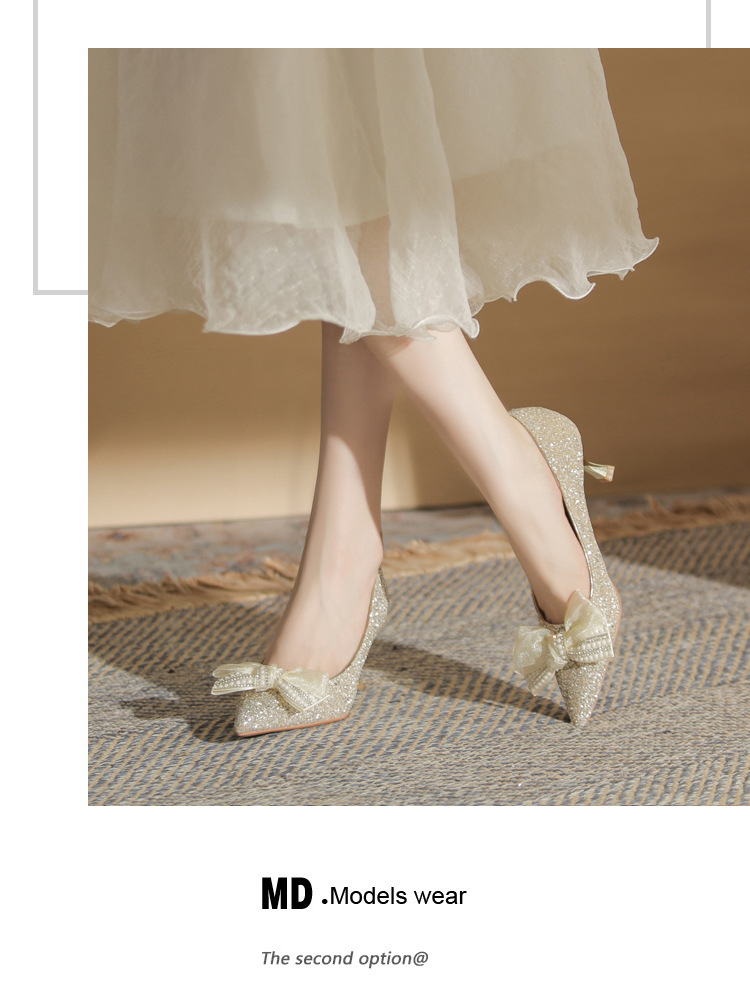 Giày cao gót mũi nhọn miệng nông đính sequin kiểu Pháp — Màu Sâm panh chi tiết 13