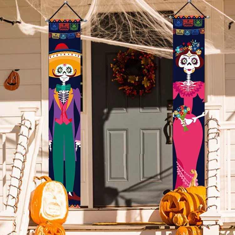 Halloween Door Curtain Hanging Flag Skull Polyester Banner Couplet Decoration display picture 2