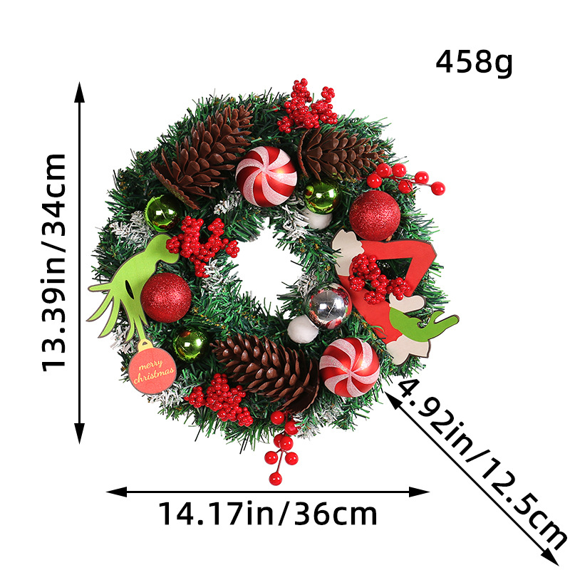 Guirnalda Navideña Creativa de Amazon con Diseño de Grinch, Guirnalda de Navidad con Diseño de Monstruo Verde y Piñas, Decoración para Colgar en la Pared o en la Puerta