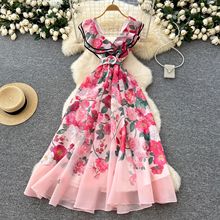 法式优雅连衣裙女夏季名媛高级感荷叶边V领收腰显瘦印花大摆长裙