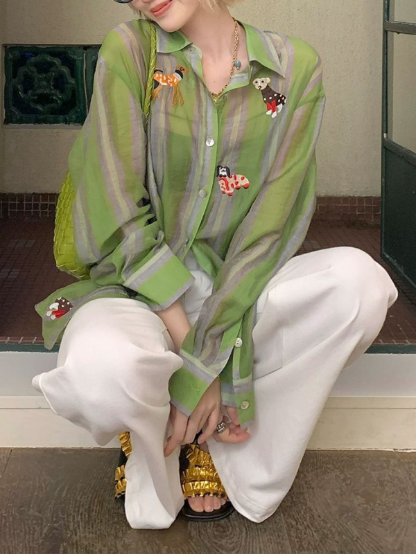 欧阳小狗刺绣轻薄防晒衬衫女夏季设计感小众复古衬衣宽松上衣|undefined