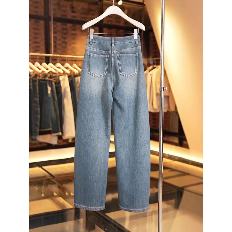 Women's Petite Fleece Lined Curved Blade Jeans New Style Wide Leg Crop Banana Pants Fashionable Autumn Winter Denim_mkmklike.com