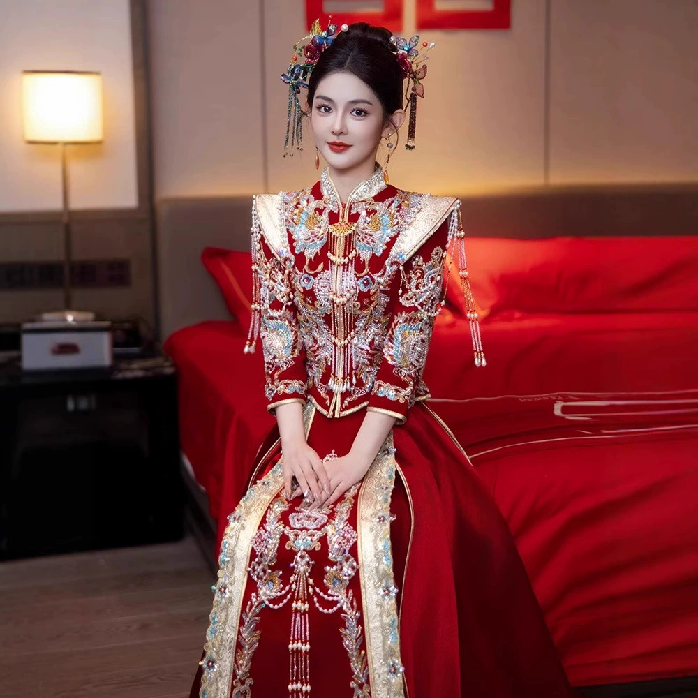 Бархатная одежда Shihhe 2025 новая невеста свадебное платье в китайском стиле