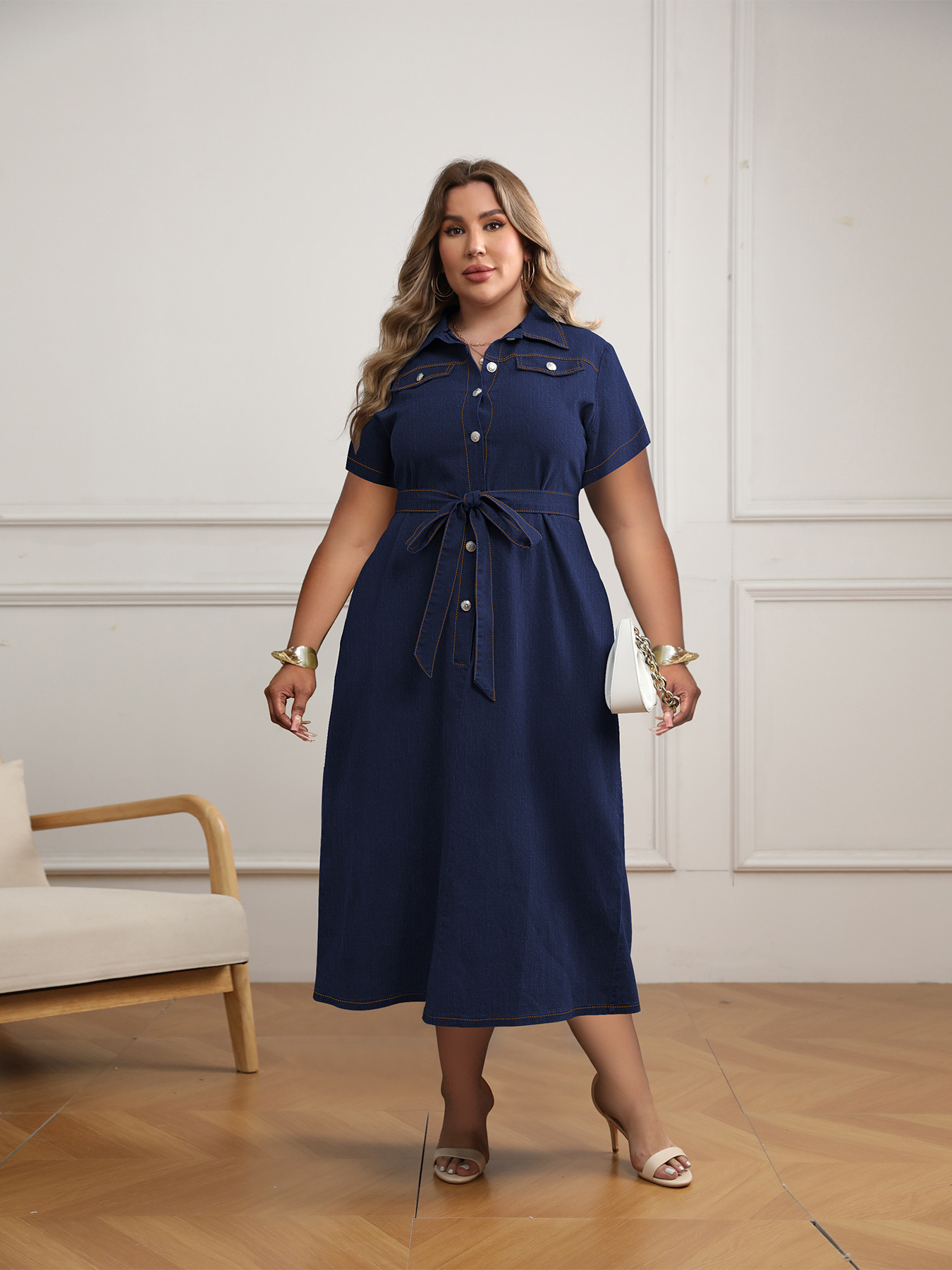 Damen Plus Size Jeans-wickelkleid Mit Gürtel Und A-linien-schnitt_voghion.com