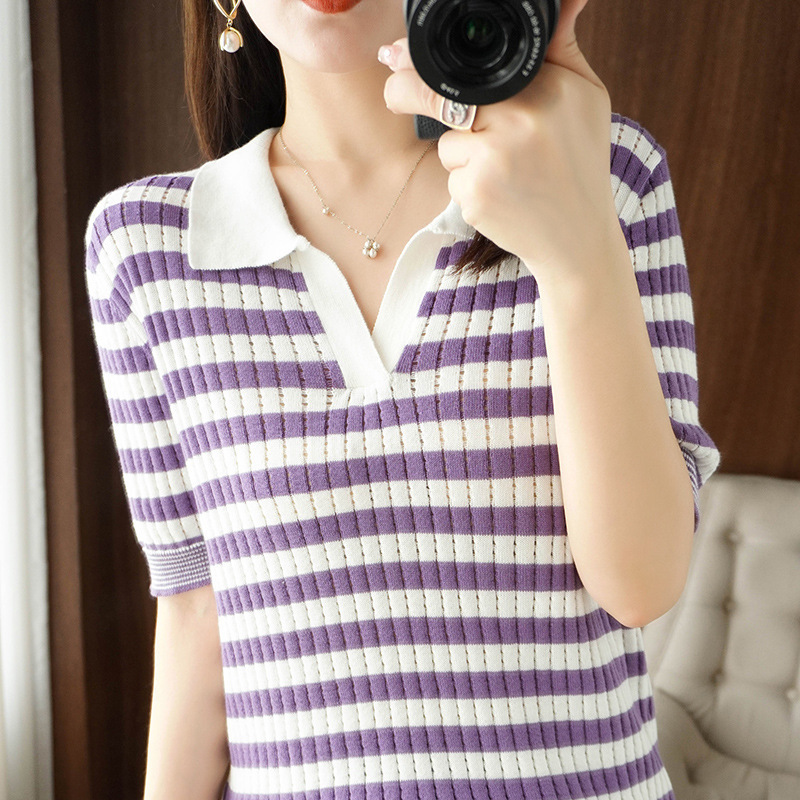 Fashionable and Simple Polo Collar Knitted Short-Sleeved Women's Summer Casual Slimming Striped T-Shirt Top Wholesale