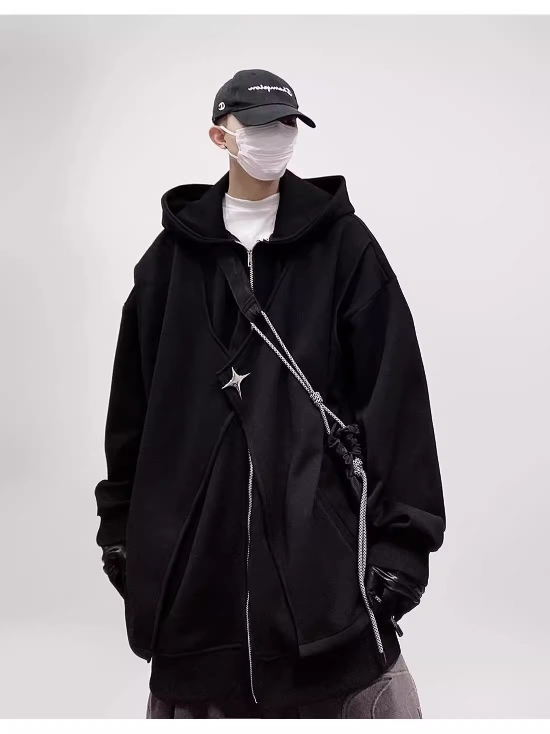 Nueva marca de moda americana suéter de rebeca con capucha ancha negra primavera y otoño para hombre chaqueta deportiva casual