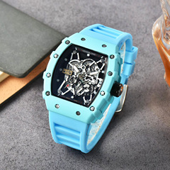 Manufacturer supplies personalized hollow imitation mechanical watch for men, barrel-shaped feel, oily, unisex watch