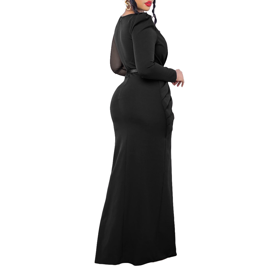 Damen Abendkleid Mit Langarm Und Mesh-einsatz Elegantes Festkleid_voghion.com