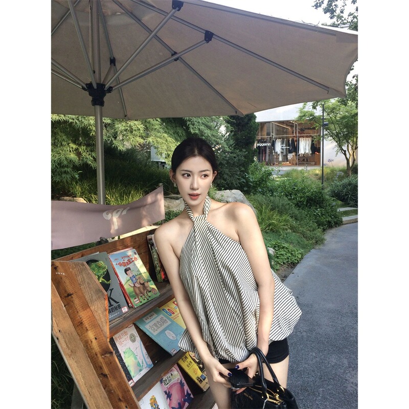 TONGAABB Summer Design Striped Halter Neck Tie Niche Cloud Camisole
