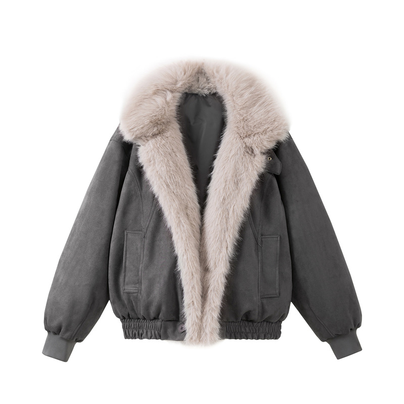 American Retro Style Suede Thickened Jacket for Men, White Duck down Coat for Women, Warm Fur Splicing Jacket