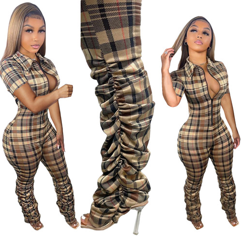 BN230 European and American women's clothing new style check print slim pleated zipper short-sleeved jumpsuit