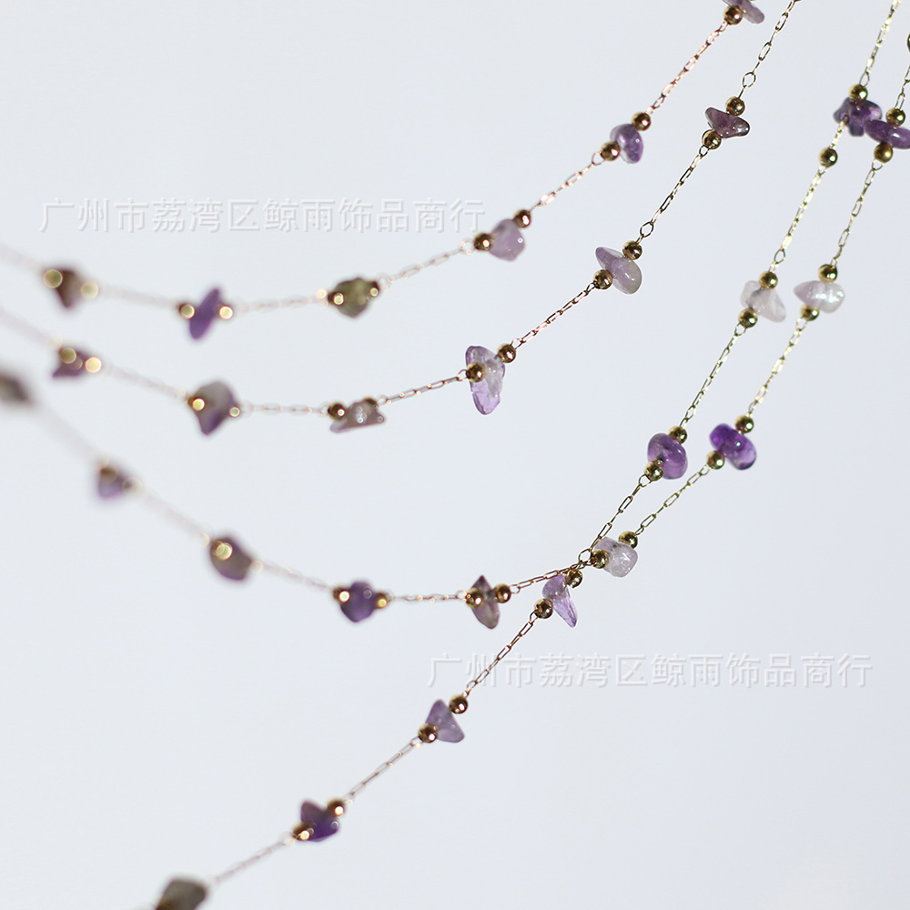 Xl092 Amethyst Irregular Golden Balls Gravel Crystal Necklace Short Chain Titanium Steel Plated 18k Gold Color Protection Live Broadcast display picture 9
