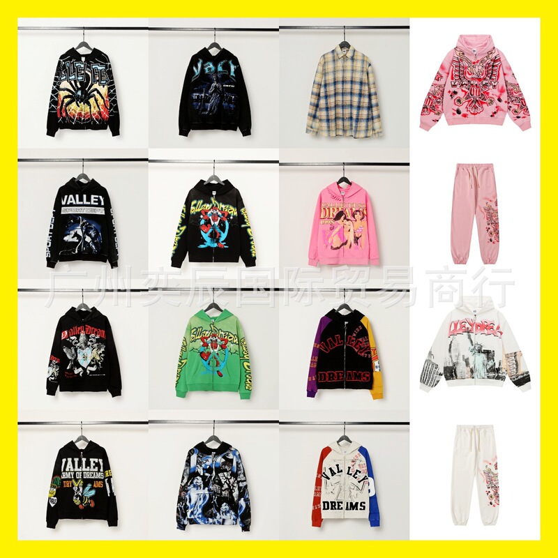 Cross-Border American-Style Trendy Brand Valley Washed Vintage Print Short-Sleeve T-Shirt Valeforever Hoodie Sweatshirt Long