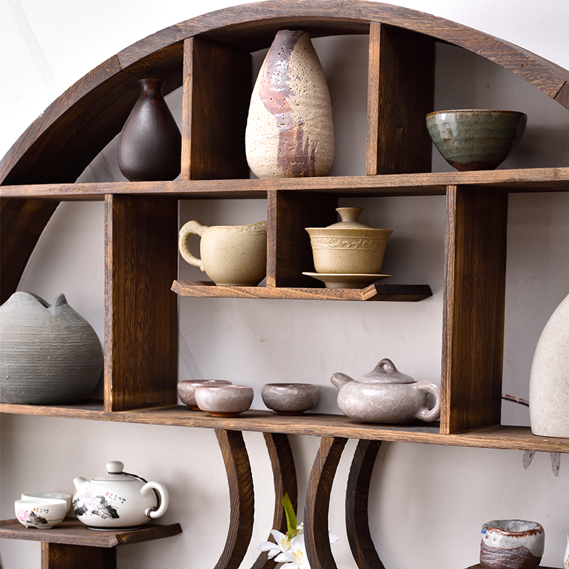Solid wood modern minimalist wall-mounted round ancient rack new Chinese style living room tea set tea room storage rack display rack