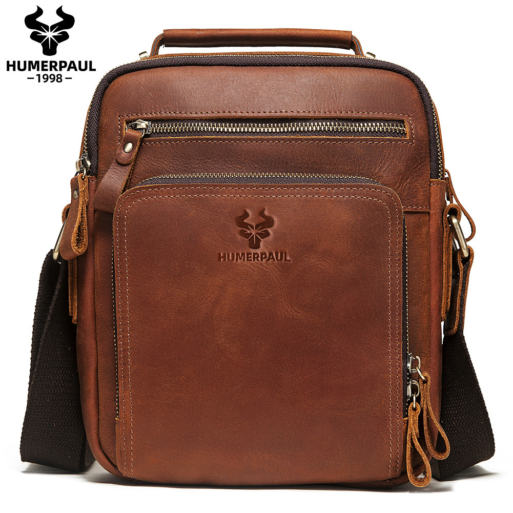 Bolso de hombre europeo y americano bolso de hombro transfronterizo de cuero para hombre entrega de una sola pieza bolso de mensajero de piel de vaca Crazy Horse bolso de hombre de cuero de cera de aceite para hombre