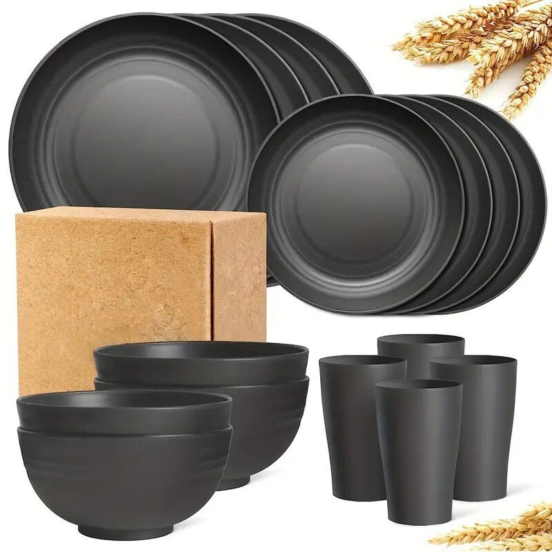 Cross-Border Popular Dishes, Plates, Cups, 16-Piece Tableware Set, Black Wheat Straw Dinner Plates, Dishes, Cups and Plates