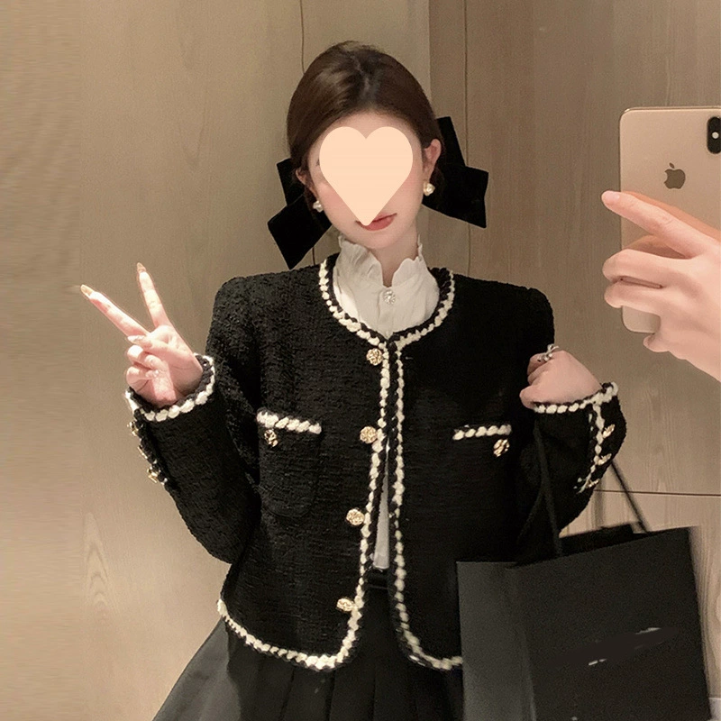 Демисезонная ретро черная куртка, французский стиль, стиль Chanel, увеличенная толщина