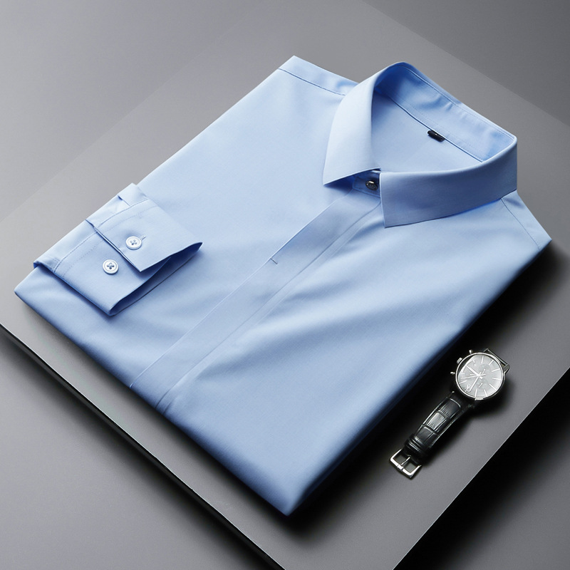 Botón oculto camisa de manga larga de los hombres de negocios casual moda guapo de gama alta de los hombres no planchar camisa delgada adhesivo transparente Luz de lujo azul