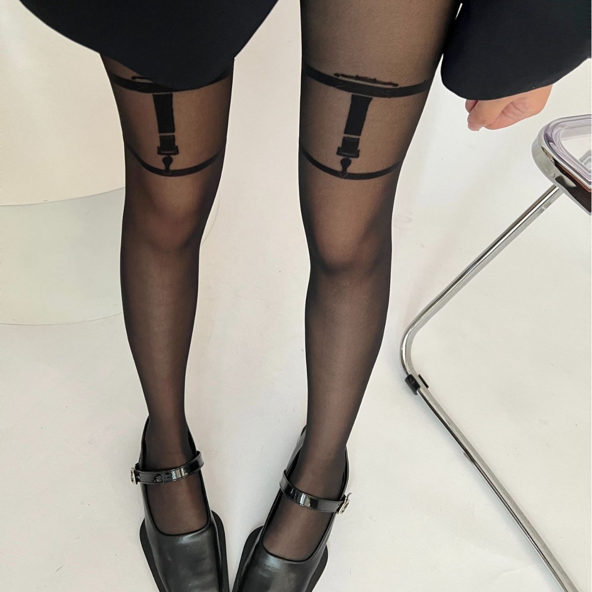 黑色提花工字腿环卡扣假纹身图案丝袜女性感纯欲jk辣妹薄黑丝ins