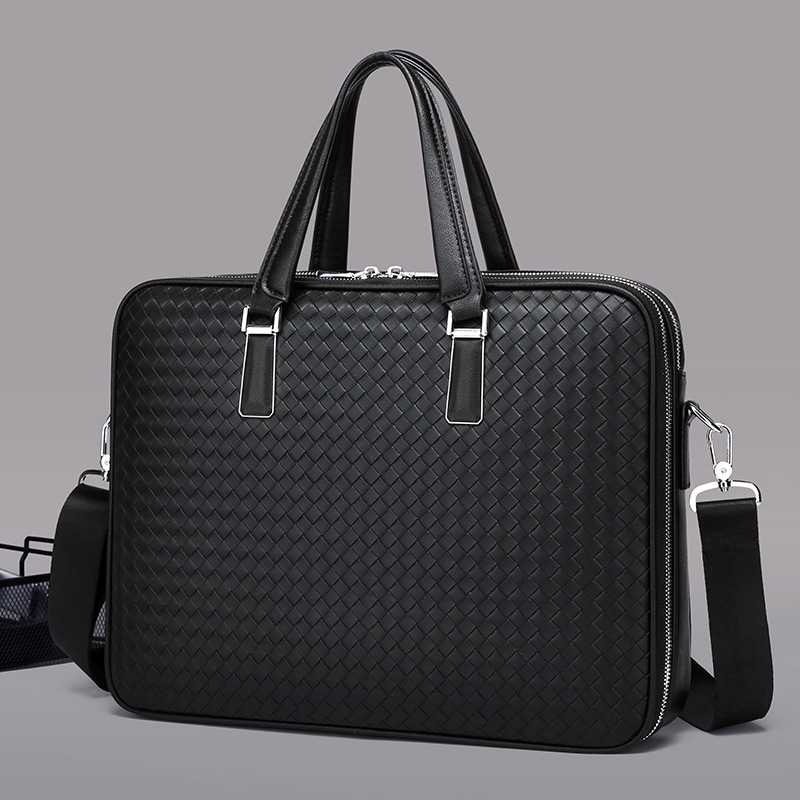 New men's business handbag large capacity briefcase woven leather shoulder crossbody bag office document bag