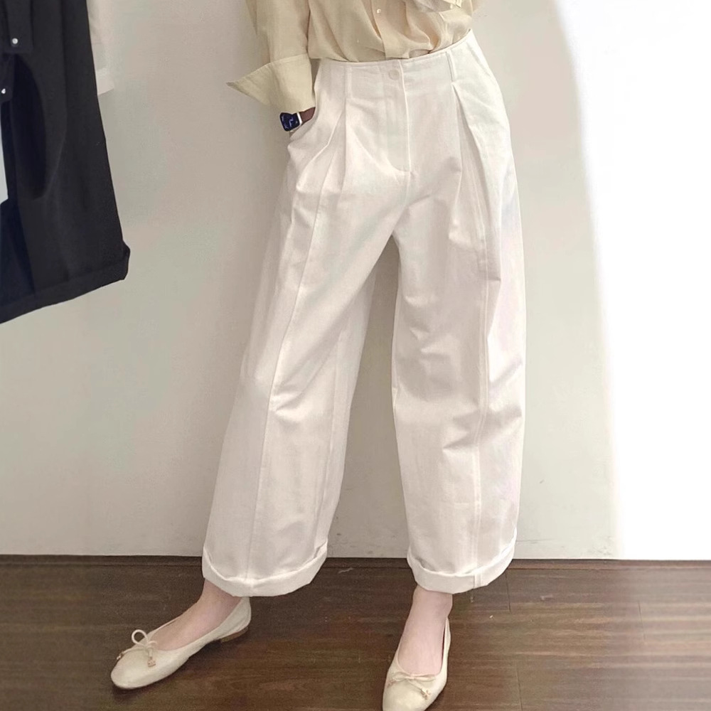 4878 # Minimalist White Combed Cotton Banana Pants for Women 2025 Spring and Summer Loose Paper Bag Pants Wide Leg Pants