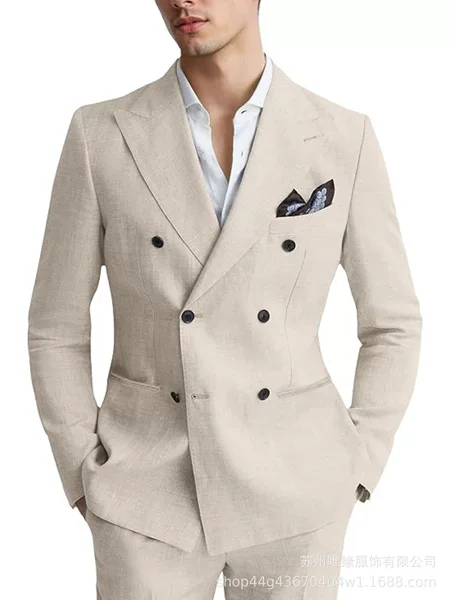 Foreign Trade Men's Summer Double-Breasted Suit Two-Piece Linen Breathable and Comfortable Wedding Groom's Old Money Style Suit