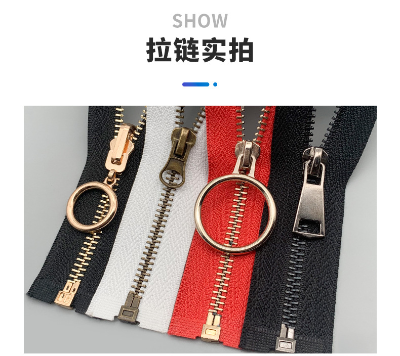 Metal open tail zipper, size 5 gunmetal copper tooth zipper