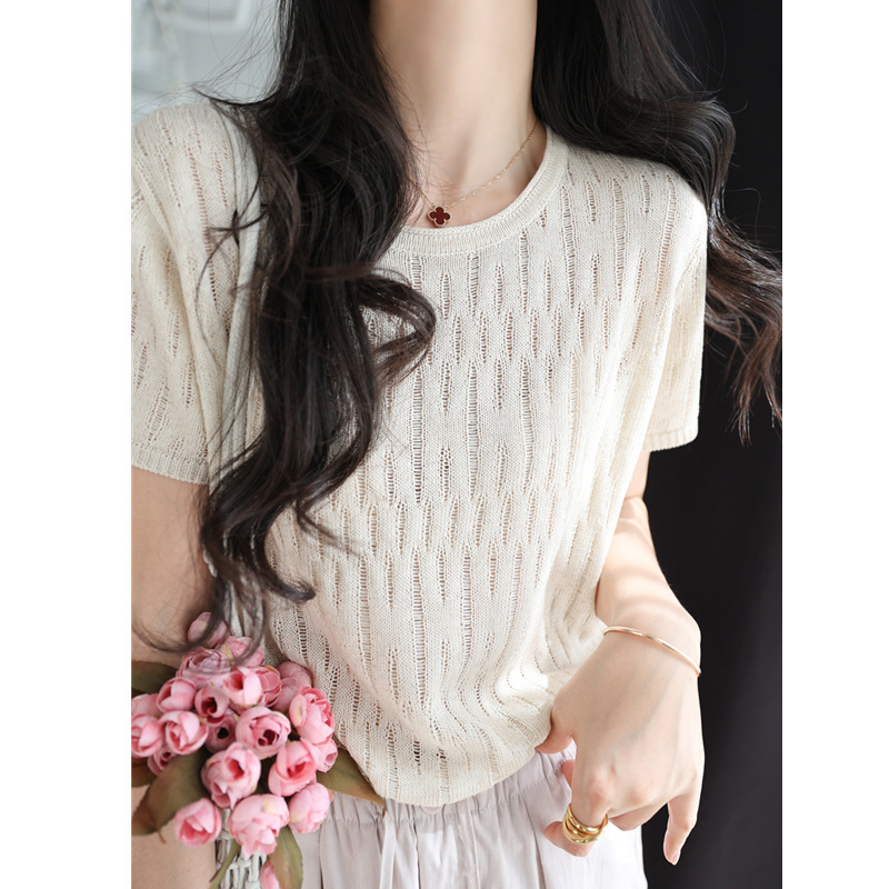 Relaxation Slow Knitting ~ Lyocell Linen Hollow Mesh Crewneck Knitted Shirt Short Sleeve Women's Xia Xin G041922