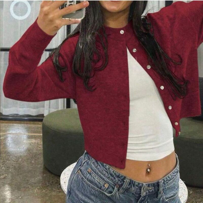 European and American Clothing Amazon Cross-Border Casual Single-Breasted Solid Color Knitted Cardigan Women's Round Neck Sweater Jacket Top European and American Clothing Amazon Cross-Border Casual Single-Breasted Solid Color Knitted Cardigan Women's Round Neck Sweater Jacket Top