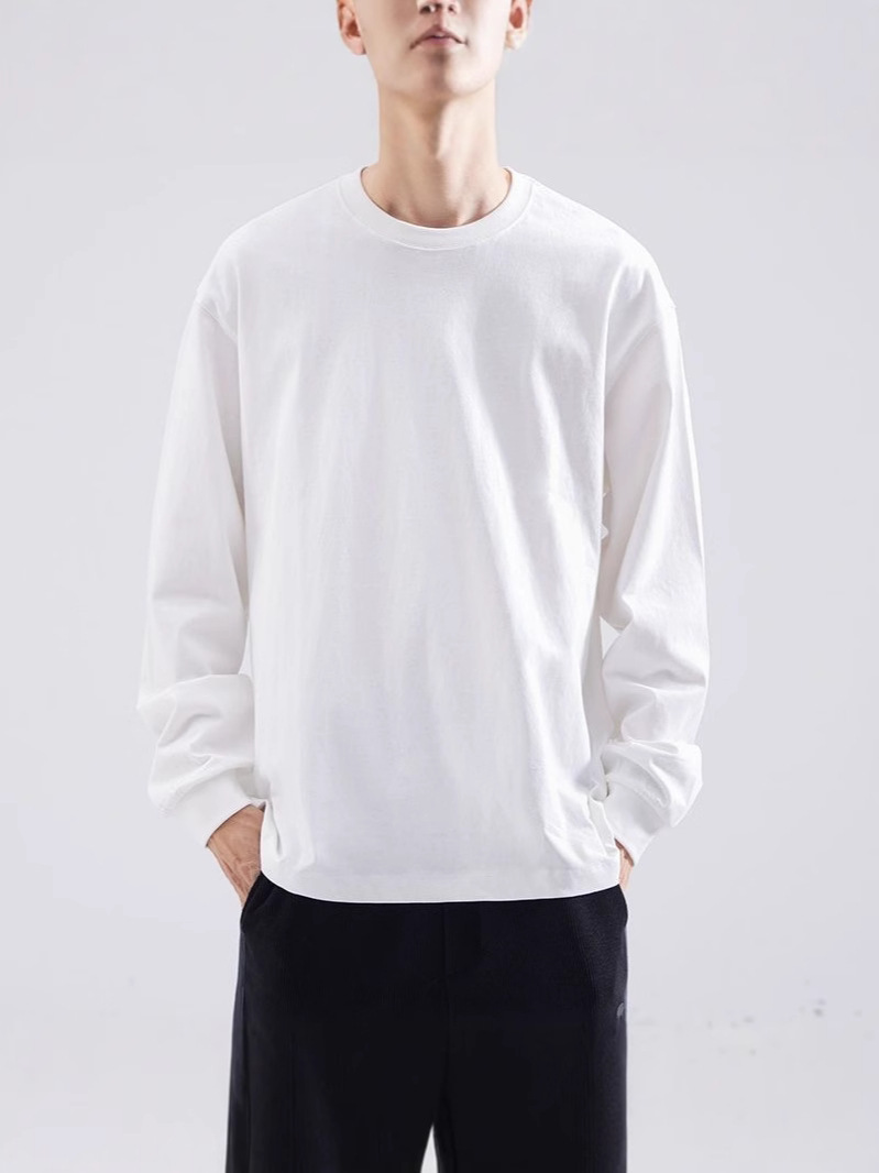 280g厚手長袖Tシャツメンズトレンドルーズフィットスウェットシャツラウンドネックベースレイヤー春秋メンズ大きいサイズ長袖Tシャツ