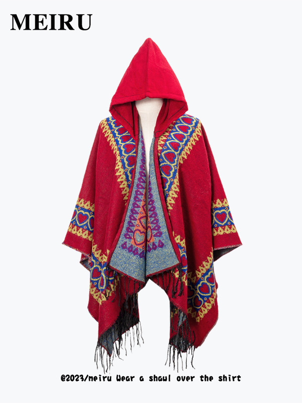 Red hooded shawl autumn and winter ethnic style warm blanket Qinghai Xizang travel wear cloak cape coat for women