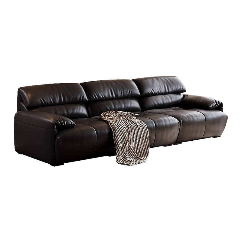 Sofá de cuero de estilo retro, sofá de oreja de elefante de piel de vaca minimalista italiano, sofá de fila recta de sala de estar, negro