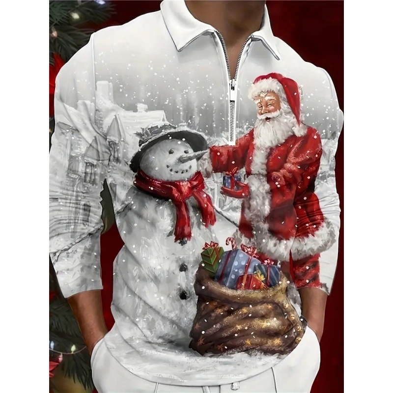 Divertido Papá Noel con estampado 3D para hombre primavera y otoño solapa suelta manga larga cremallera camisa POLO venta directa de fábrica