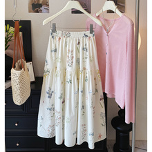 法式甜美碎花a字松紧腰印花百褶半身裙女夏季新款小个子中长裙子