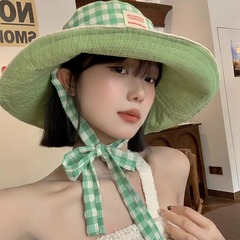 韓国の格子縞の広い縁は漁師の帽子の女性のタイプの夏の大きい帽子のつばをつけて顔の小さい日よけの帽子の日焼け止めの帽子の盆の帽子を現します。