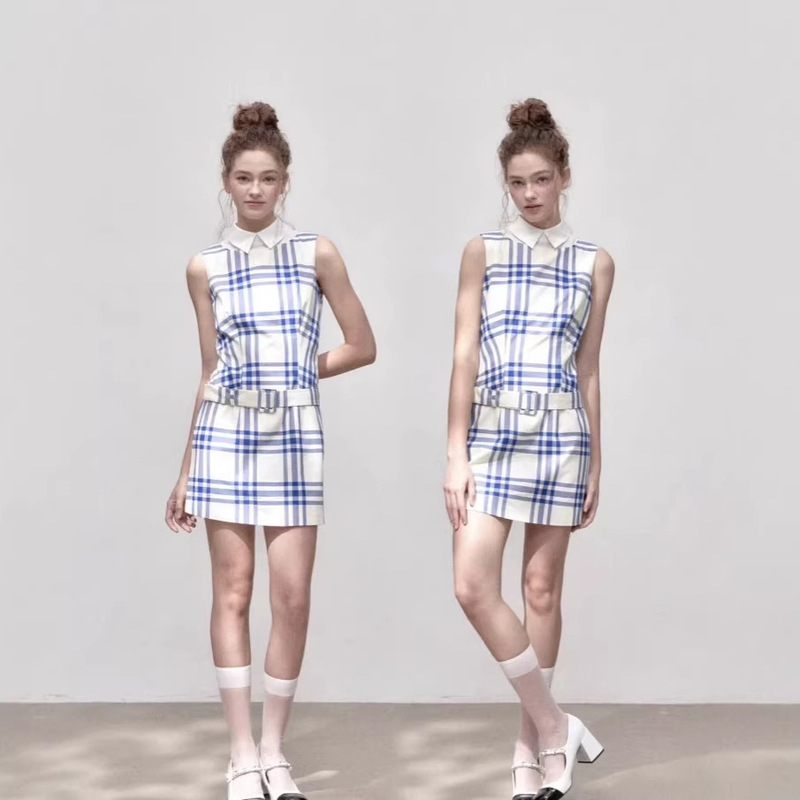 Rumpumpumpum Blue Plaid Pure Cotton College-Style Dress with Faux Two-Piece Design and Waist-Cinching Belt