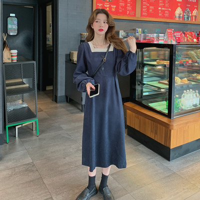 [Quality original]Retro corduroy Long sleeve Dress Autumn and winter Show thin square neck