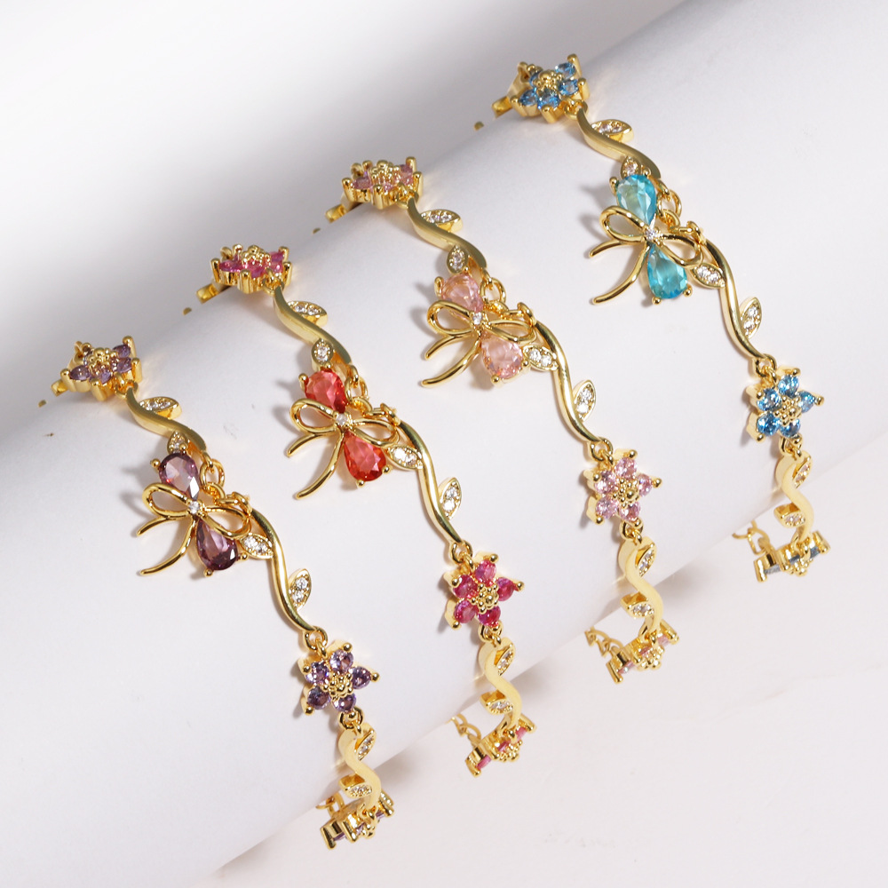 Cross-Border Hot-Selling Cute, Sweet and Exquisite Zircon Bow Branch Leaf Bracelet Creative Versatile High-End Women's Bracelet
