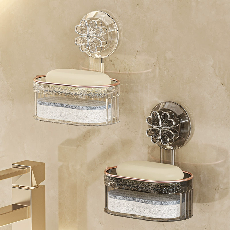 Подставка для хранения мыльницы на присоске в форме четырехлистного клевера для кухни и ванной комнаты, настенная двухслойная подставка для слива воды, компактное настенное крепление.