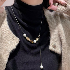 天然虎眼石珍珠串珠抽拉项链女铜镀真金法式长款吊坠流苏颈链项饰